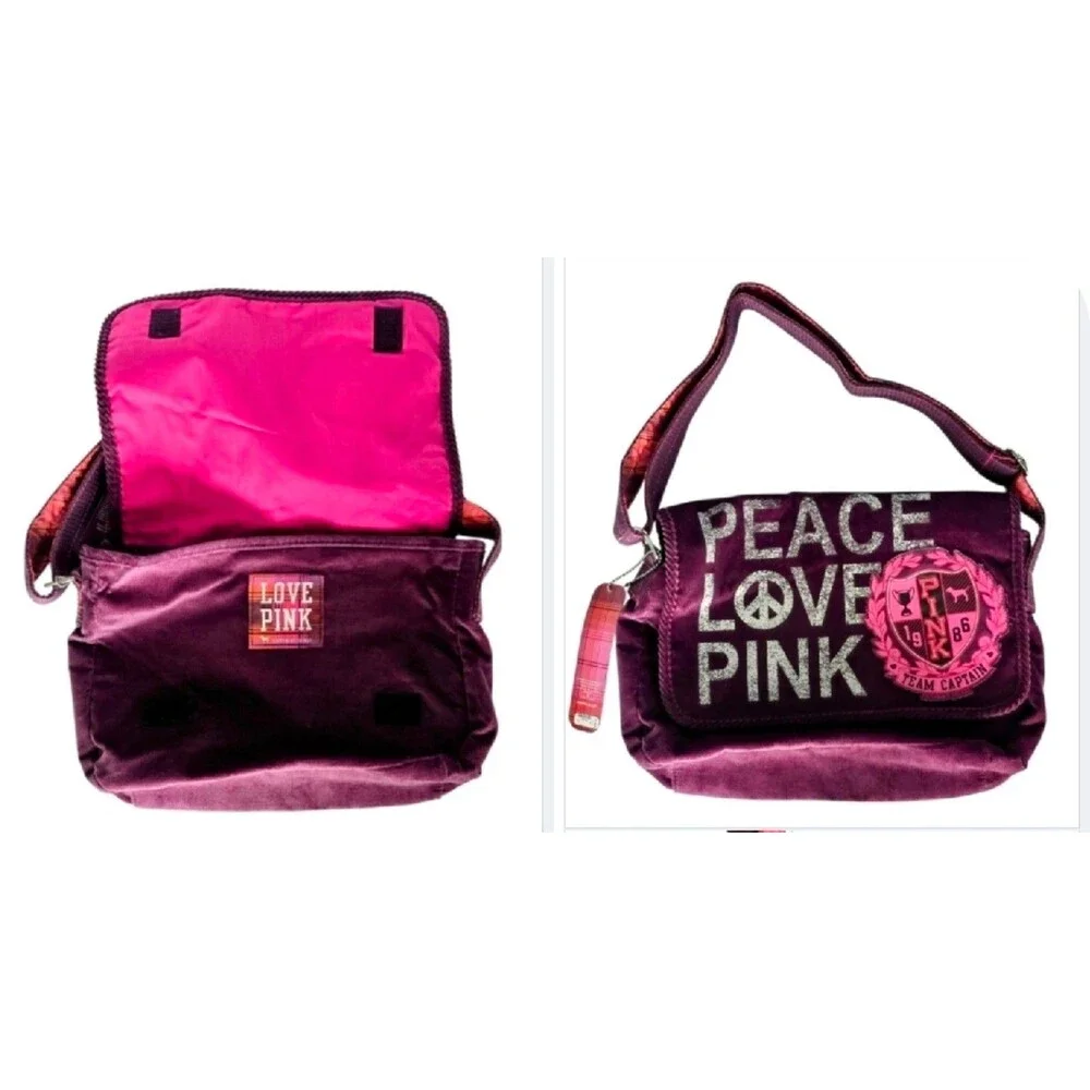 1x VICTORIA' SECRET Y2K PINK PEACE LOVE PINK MESSENGER BAG VELVET Crossbody NEW